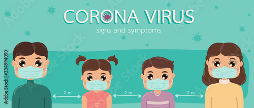Ladies and gentlemen, including girls and boys wearing a surgical mask Keep a distance of 2 meters between each other. Corona protection (Covid-2019).