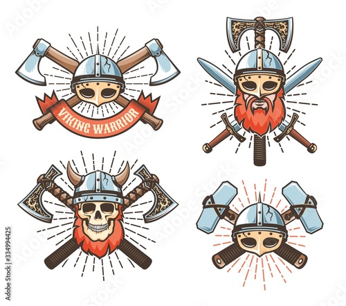 Viking warrior vintage logo. Medieval northern knight retro emblem. Vector illustration.