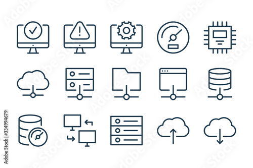 Server and network connection line icons. Hosting and computing vector linewar icon set.