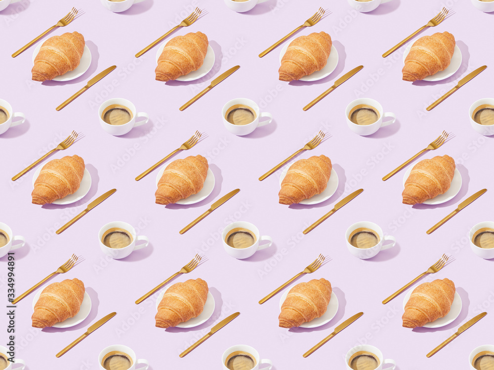 golden forks and knives, croissants and coffee on violet, seamless background pattern golden forks and knives, croissants and coffee on violet, seamless background pattern