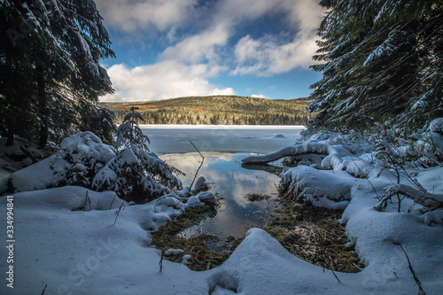 Winter scenery of water reservoir Sous located in Jizera Mountains
