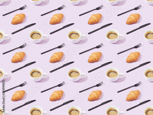 black forks and knives, croissants and coffee on violet, seamless background pattern