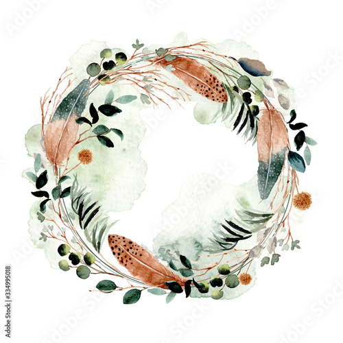rustic feather and foliage watercolor wreath