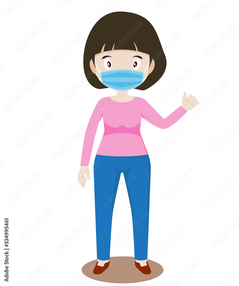 A girl is wearing protective Medical mask for prevent virus Wuhan Covid-19. Vector illustration isolated in white.