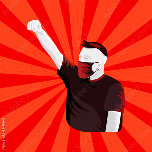 Man wearing black mask raised hard clenched fist vector illustration. Angry rebel in mask raised fist on red retro background.