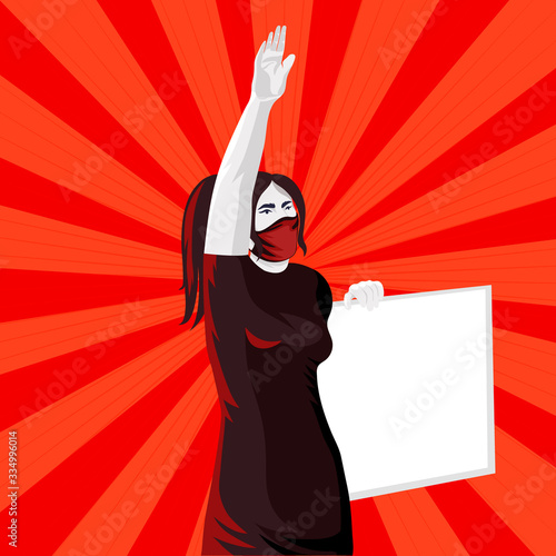 Woman wearing mask raised hand on demonstration vector illustration. Female rebel in black mask holding banner.