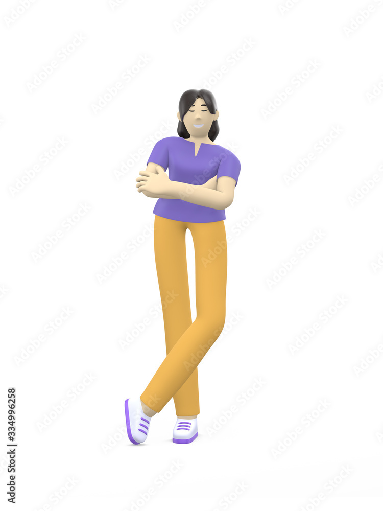 3D rendering character of an asian girl hands on chest. The concept of success, relaxation, confidence, leader. Positive illustration is isolated on a white background. 3D rendering character of an asian girl hands on chest. The concept of success, relaxation, confidence, leader. Positive illustration is isolated on a white background.