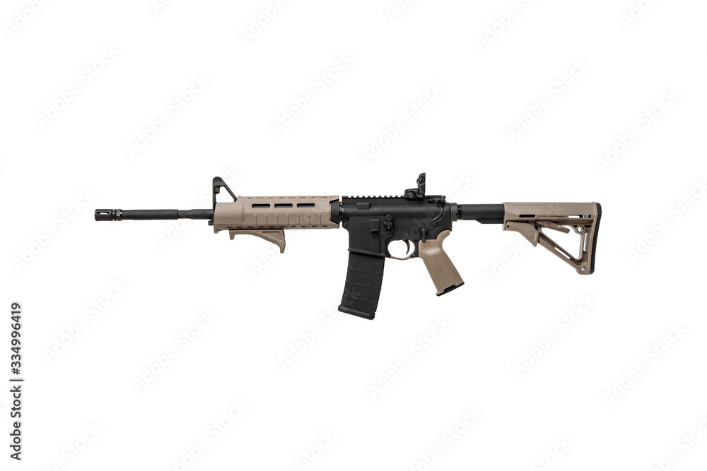 Modern automatic rifle isolated on white. Weapons for police, special forces and the army. Automatic carbine with mechanical sights. Modern automatic rifle isolated on white. Weapons for police, special forces and the army. Automatic carbine with mechanical sights.