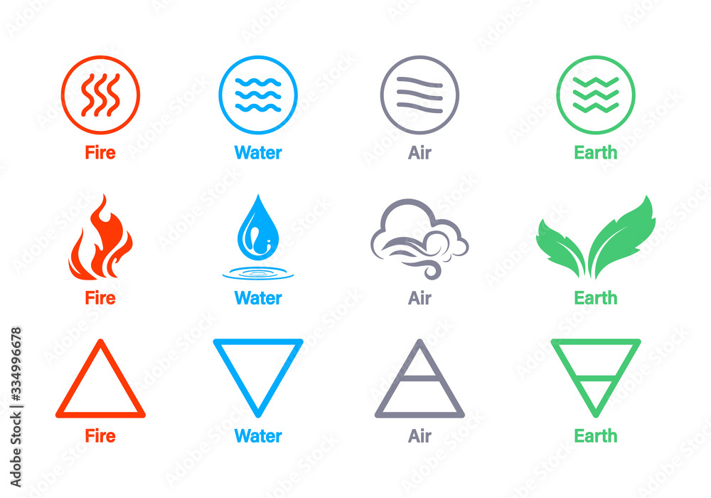 Four elements of nature Air, fire, water, earth. Elements of the nature -  Earth, Water, Air and Fire, Natural concept. Vector logo template. Concept  for nature energy, synergy, tourism, travel Stock Vector