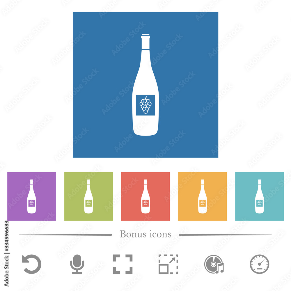 Wine bottle with grapes flat white icons in square backgrounds Wine bottle with grapes flat white icons in square backgrounds