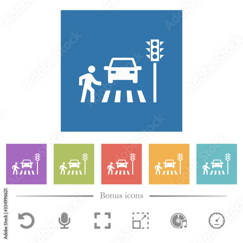 Pedestrian crossing flat white icons in square backgrounds