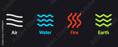 Four Natural Elements icons - Earth, Water, Air and Fire. Abstract concept for nature energy, synergy, tourism, travel, business.
