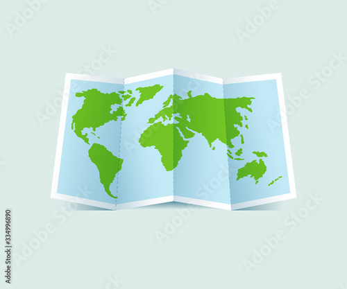 Green folded paper world map vector illustration.