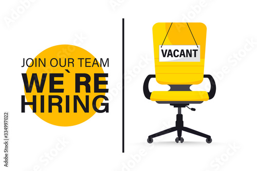 Recruiting or hiring, open vacancy. Business hiring and recruiting concept. We are hiring. Vacant position with Empty office chair with vacant with a sign we need you. Office chair vector illustration