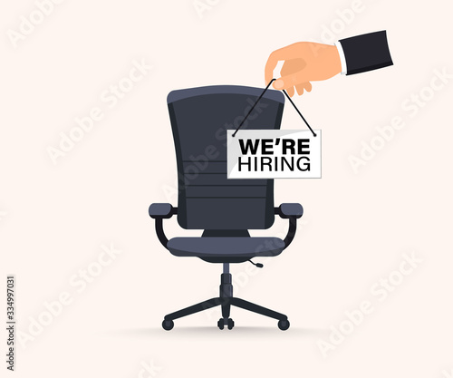 Recruiting or hiring, open vacancy. Business hiring and recruiting concept. We are hiring. Vacant position with Empty office chair with vacant with a sign we need you. Office chair vector illustration