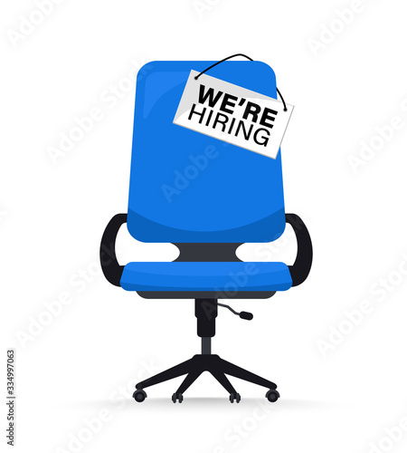 Recruiting or hiring, open vacancy. Business hiring and recruiting concept. We are hiring. Vacant position with Empty office chair with vacant with a sign we need you. Office chair vector illustration