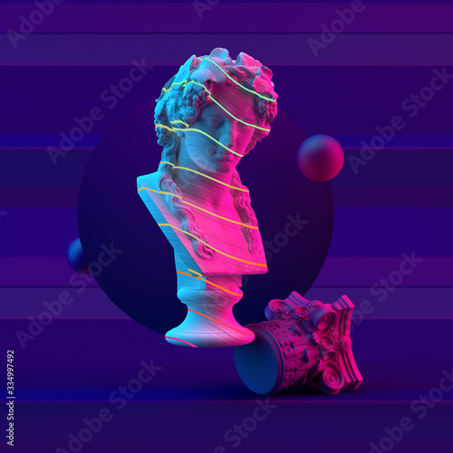 Papier peint 3d-illustration of Bacchus bust sculpture on violet background