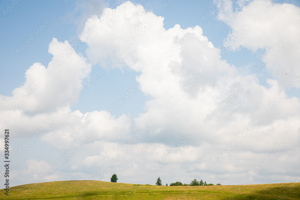Naklejka premium Light blue sky with fluffy clouds and subltle path on green summer hill with trees landscape