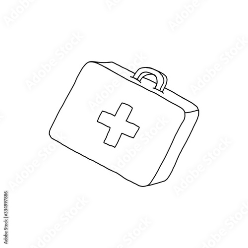 First aid kit hand drawn outline doodle icon. First aid medications and emergency equipment kit as medical diagnostics concept Vector sketch illustration for print and infographics on white background