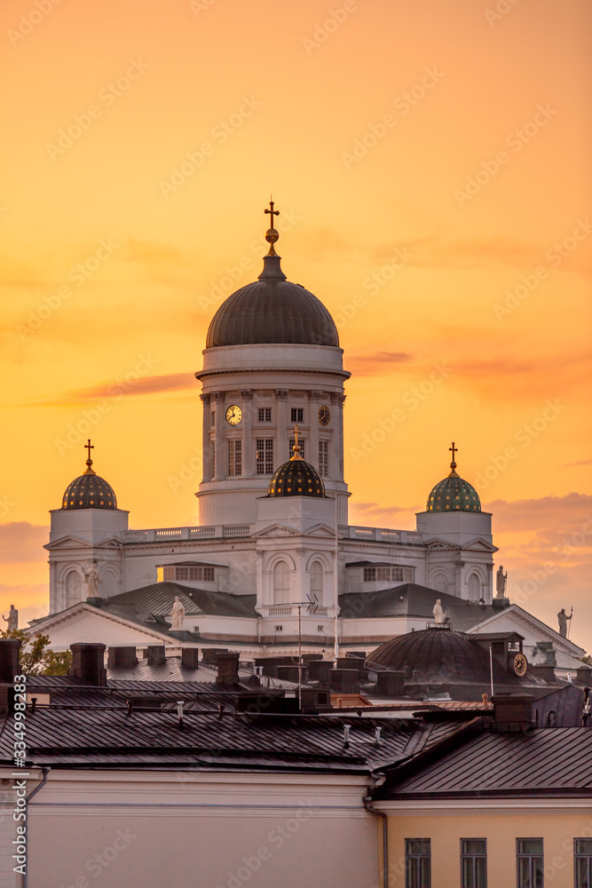 Aerial view of the Helsinki Cathedral at sunset. Finland