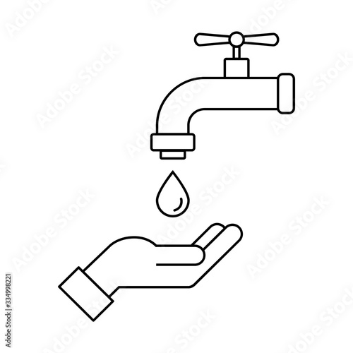 Hand and faucet line icon. Wash hands sign. Save water concept. Drop in a palm. Antivirus and antibacterial protection. Personal hygiene. Black outline on white. Vector illustration, flat, clip art. 