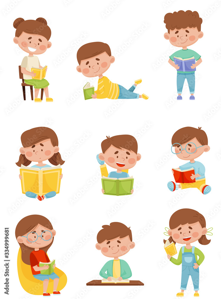 Kids in Sitting and Lying Pose Reading Book Vector Illustrations Set Kids in Sitting and Lying Pose Reading Book Vector Illustrations Set