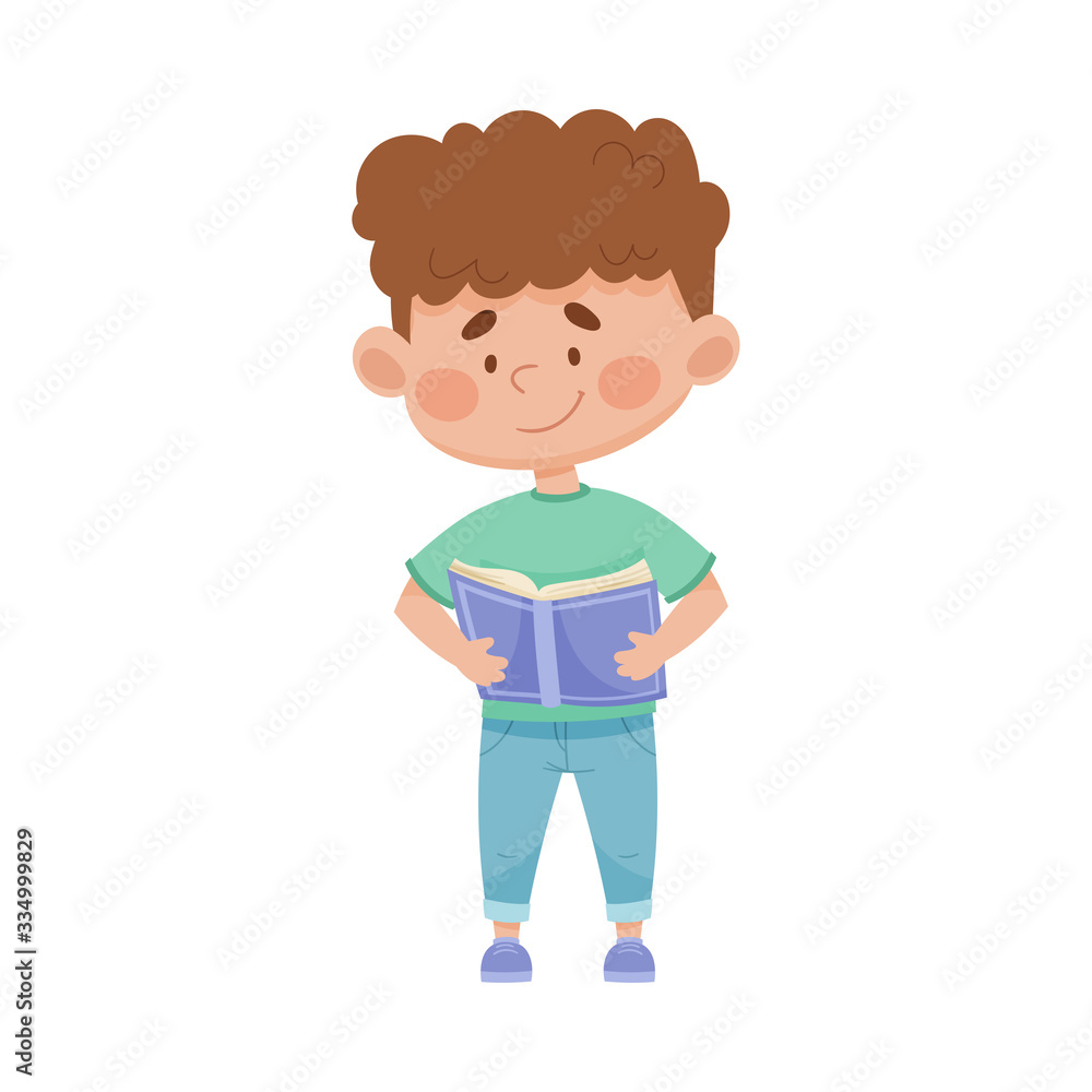 Smiling Boy Standing with Open Book and Reading Vector Illustration