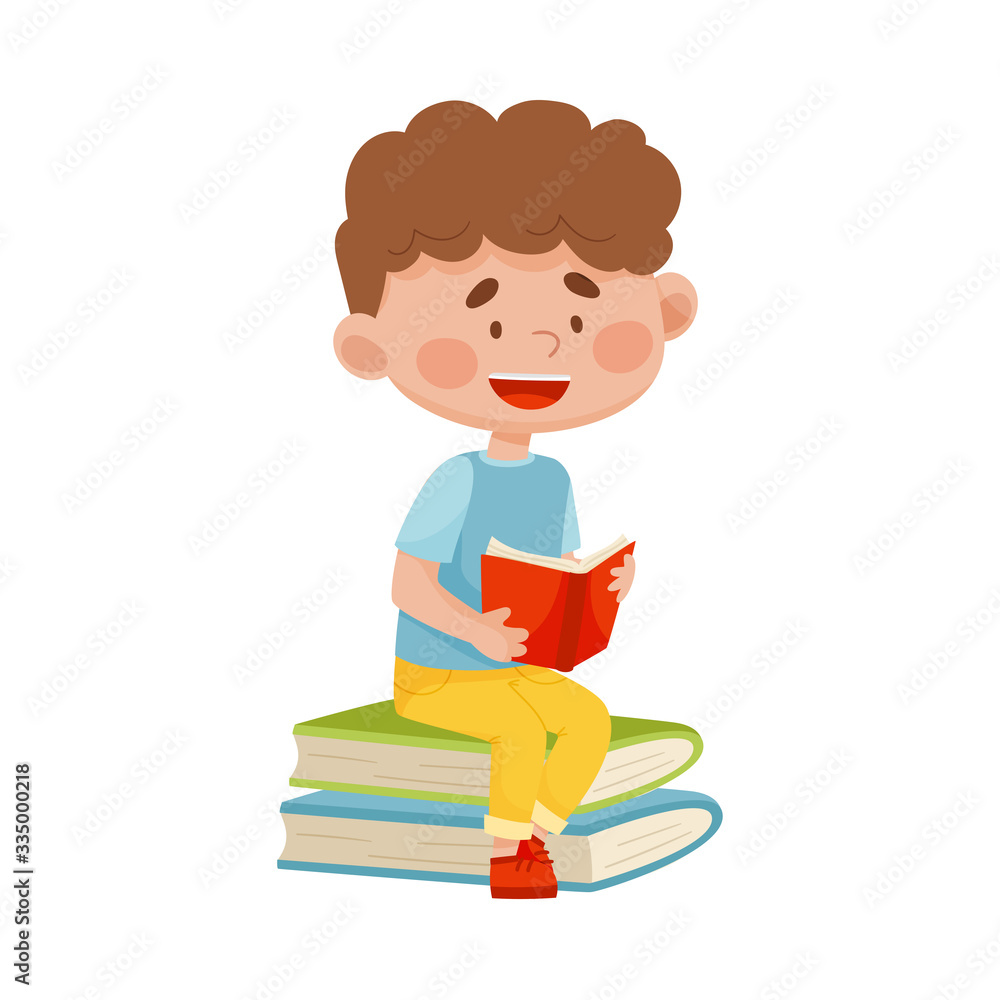 Smiling Boy Sitting on Pile of Books and Reading Vector Illustration Smiling Boy Sitting on Pile of Books and Reading Vector Illustration