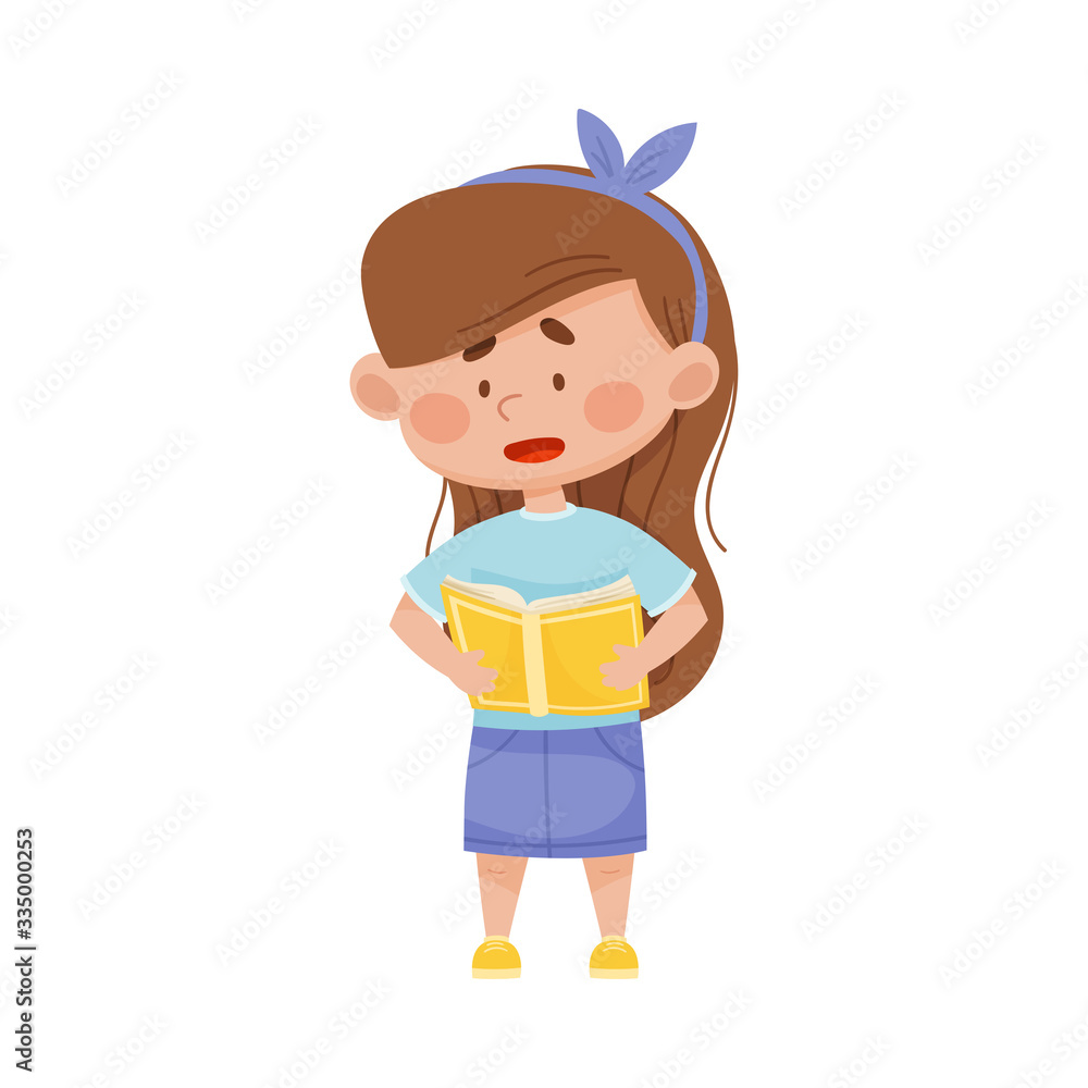 Girl with Updrawn Eyebrows Standing with Open Book and Reading Vector Illustration Girl with Updrawn Eyebrows Standing with Open Book and Reading Vector Illustration