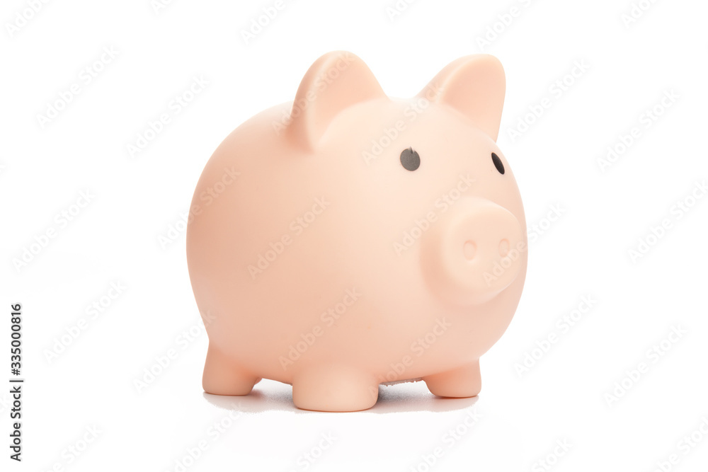 Pink piggy Bank isolated on white background. Concept of savings. top view Pink piggy Bank isolated on white background. Concept of savings. top view