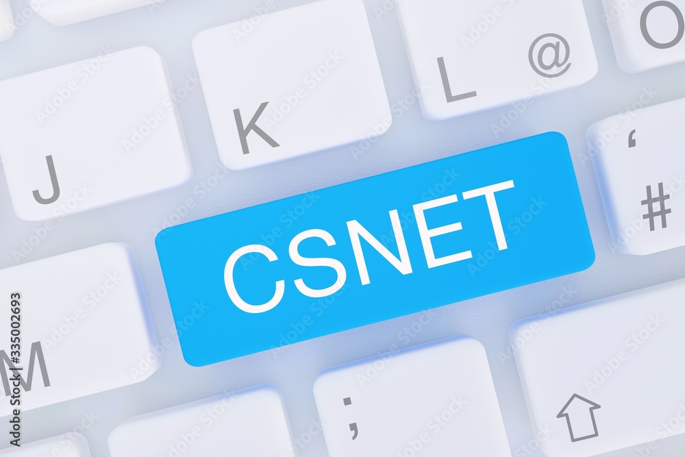 CSNET. Computer Tastatur von oben zeigt Taste mit Wort hervorgehoben. Software, Internet, Programm CSNET. Computer Tastatur von oben zeigt Taste mit Wort hervorgehoben. Software, Internet, Programm