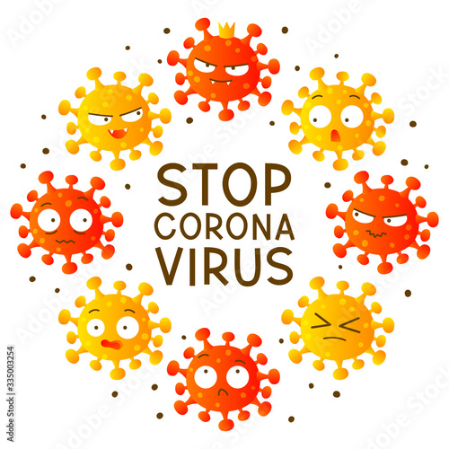 Coronavirus cartoon characters round frame isolated on white background