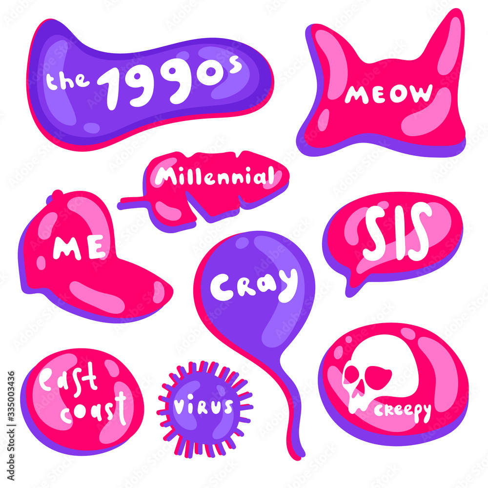 Colored icons in a bright fluorescent purple and pink style. Collection of vector multicolored glossy stickers on white background. Cool expression, slang, comics, gaming style, web, speech bubbles