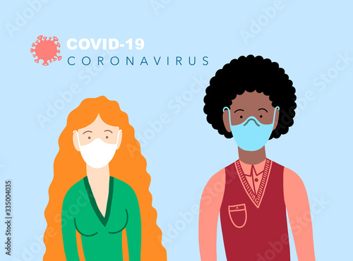 young man in a respirator and a young woman in a medical mask - coronavirus covid-19 concept