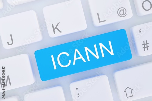 ICANN. Computer Tastatur von oben zeigt Taste mit Wort hervorgehoben. Software, Internet, Programm