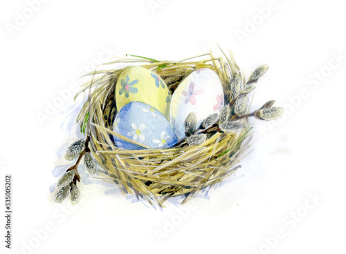Wallpaper Mural Watercolor illustration. Decorative eggs in the nest. Easter. Postcard. Torontodigital.ca