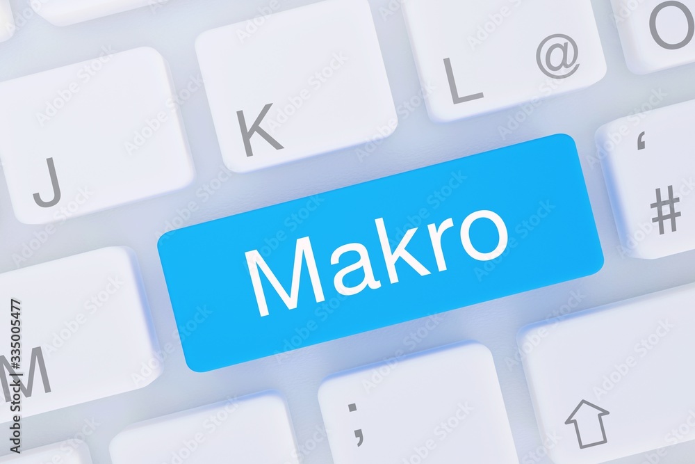 Makro. Computer Tastatur von oben zeigt Taste mit Wort hervorgehoben. Software, Internet, Programm Makro. Computer Tastatur von oben zeigt Taste mit Wort hervorgehoben. Software, Internet, Programm