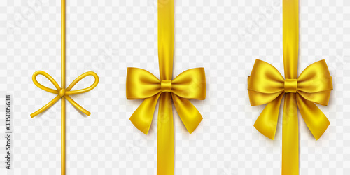 Bow set isolated on transparent background. Vector vertical gold satin ribbons, golden xmas wrap elements template..