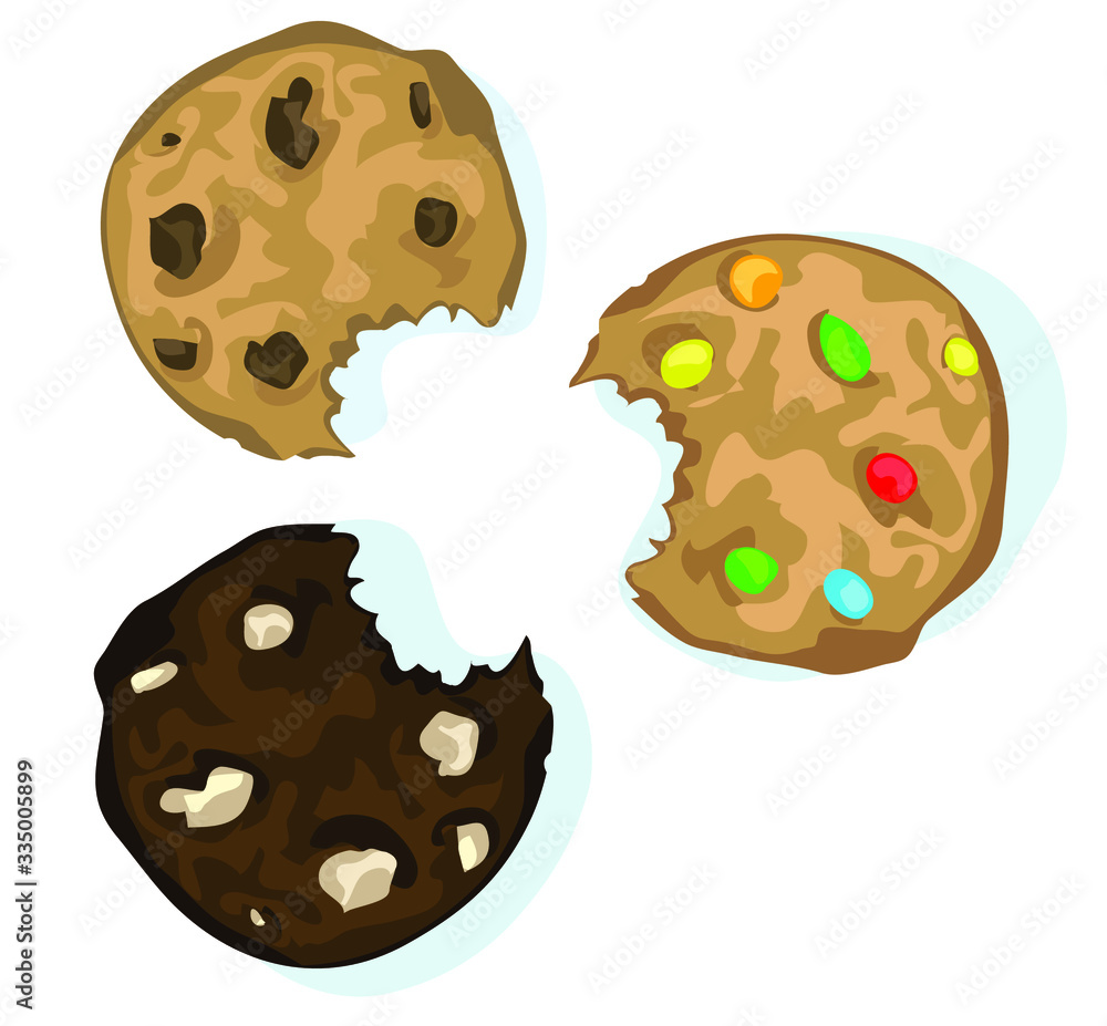 three types chocolate chip bite biscuit cookies symbol sugar sweets isolated on white background
