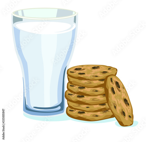 chocolate chip biscuit cookies with glass of milk symbol sugar sweets isolated on white background