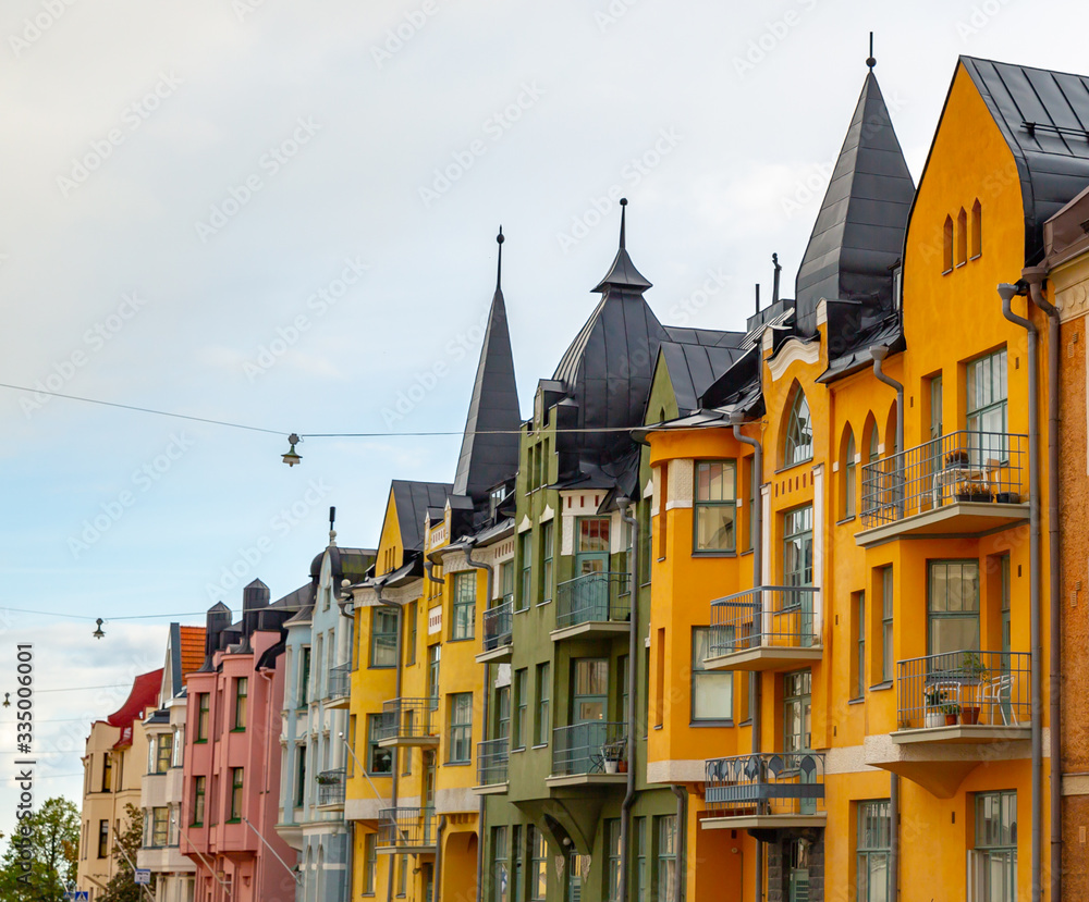 Multicolored facades of buildings in Helsinki, the capital of Finland