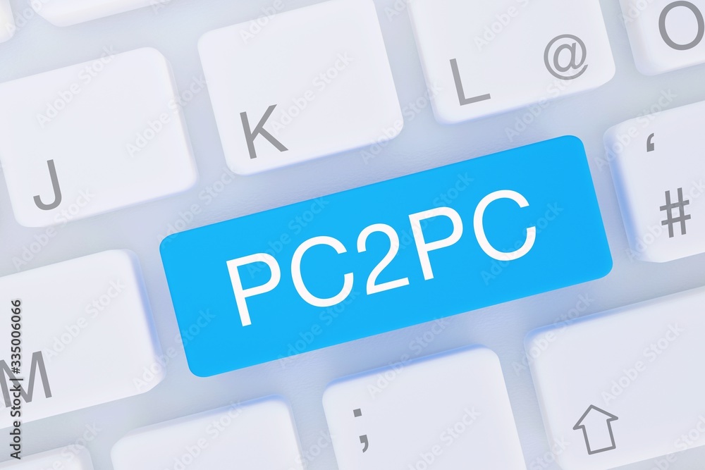PC2PC. Computer Tastatur von oben zeigt Taste mit Wort hervorgehoben. Software, Internet, Programm PC2PC. Computer Tastatur von oben zeigt Taste mit Wort hervorgehoben. Software, Internet, Programm