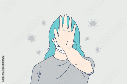 Coronavirus, covid, nCoV, stop, health protection concept. Protection from coronavirus illustration. Woman in face mask stops 2019ncov, covid 2019. Medical quarantine. Preventive health safety. Vector
