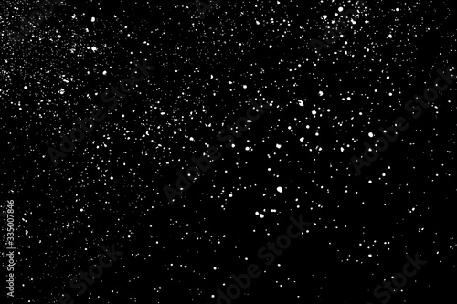 Fototapeta Naklejka Na Ścianę i Meble -  White Grainy Texture Isolated On Black Background. Dust Overlay. Light Coloured Noise Granules. Snow Vector Elements. Digitally Generated Image. Illustration, Eps 10.