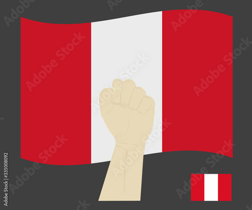 Fist power hand with Peru National flag, Fight for Peruvian People  concept, cartoon graphic, sign symbol background, vector illustration.