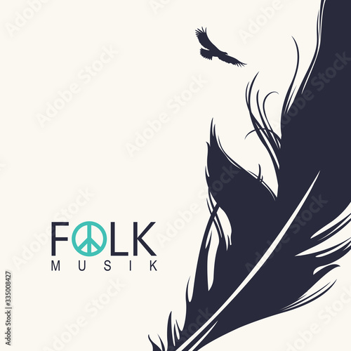 Vector poster or cover on the theme of a folk music with a black feather and a flying bird on a light background.