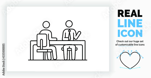 Editable real line icon of two stick figure business people sitting at a desk in a conversation about a corporate subject in modern customisable black lines on a clean white background as a eps vector