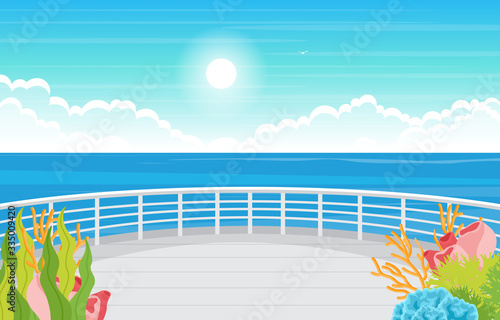 Sea Ocean Landscape View on Cruise Ship Deck Coral Reef Illustration