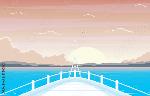 Sunset Sunrise Sea Ocean Landscape View on Cruise Ship Deck Illustration