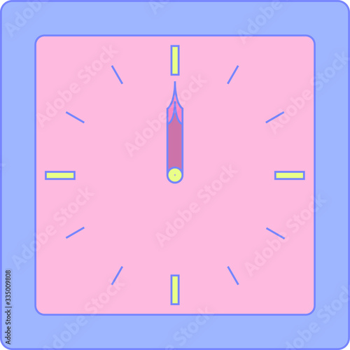 The clock of alarm with purple corpus and rose face or dial. Twelve or twenty four hours o'clock